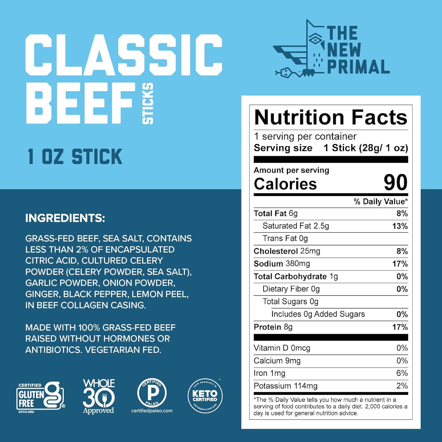 Pack of 20, The New Primal Classic Beef Stick, 1 oz
