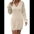 thumbnail image 1 of Suéter Ajustado de Crochet con Aberturas para Mujer, Vestido Sexy, Informal, Elegante, de Larga, con Cuello en V. Beige L, 1 of 8