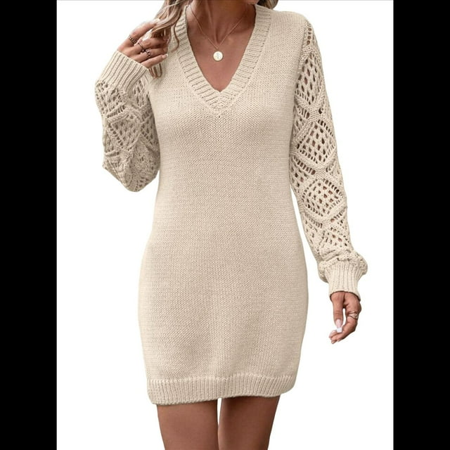 Suéter Ajustado de Crochet con Aberturas para Mujer, Vestido Sexy, Informal, Elegante, de Larga, con Cuello en V. Beige L