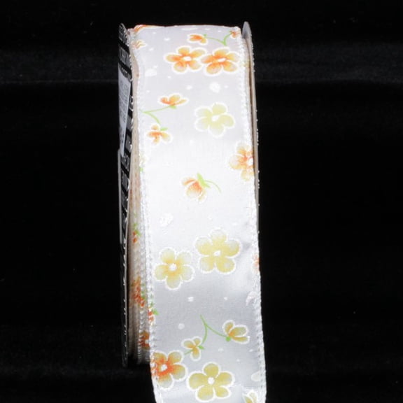 White and Orange Flower Print with Pearl Edge Wired Craft Ribbon 1.5" x 80 Yards
