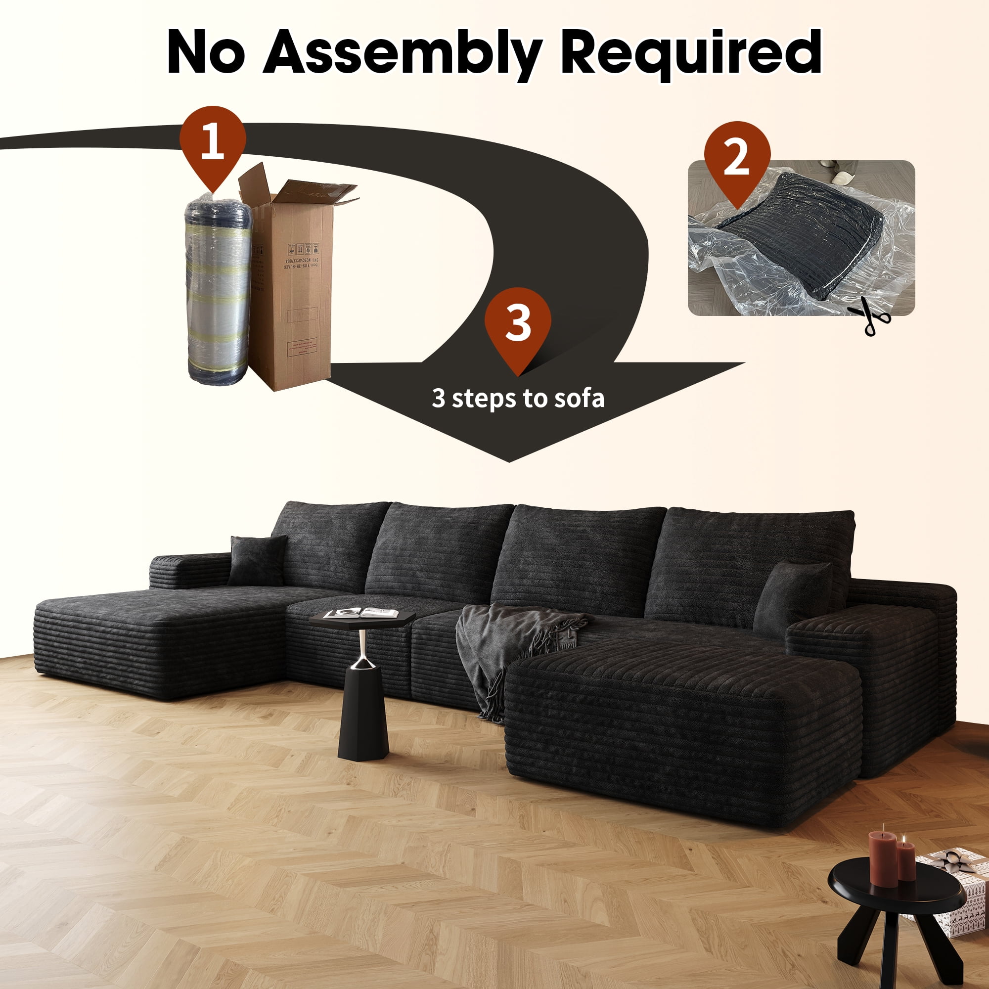 MAYEERTY 135" Black Modern Modular Cloud Sectional No Assembly Durable Gatherings