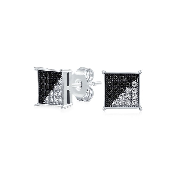 Bling Jewelry Mens Black White CZ Stud Earrings for Men, Sterling Silver, 8MM Square