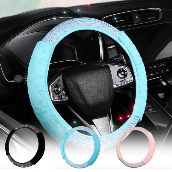 Car Steering Wheel Cover | Universal Elastic Steering Wheel Sleeve | Non-Slip, Flash Diamond, Full Crystal, Breathable Polyester, Sky Blue, Fits 14.96 in