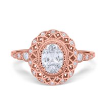 Rose Tone, Simulated Cubic Zirconia Size-7 Oval Vintage Art Deco Halo Wedding Engagement Bridal Ring 925 Sterling Silver