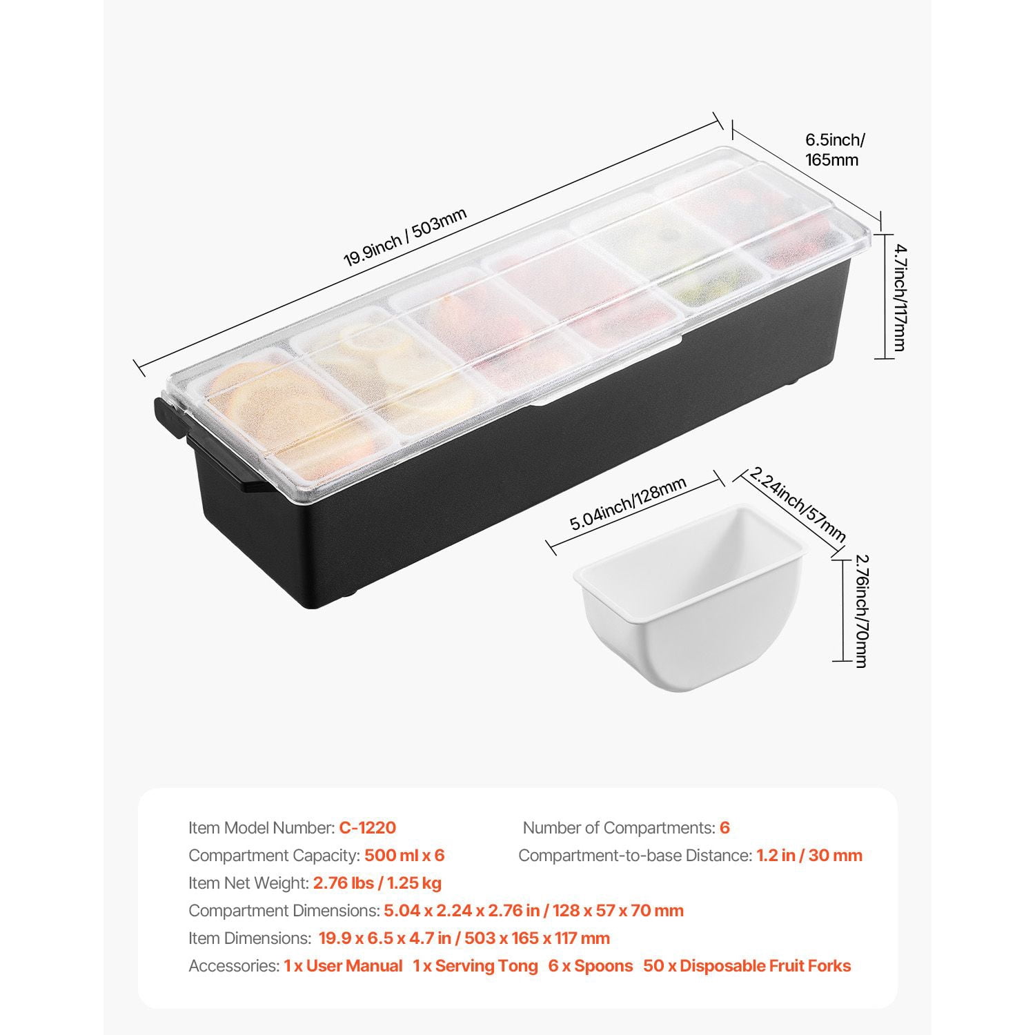 Chilled Condiment Server 6 Compartments Ice Cooled Food-Safe BPA-Free with Lid for Bar Party Camping BBQ