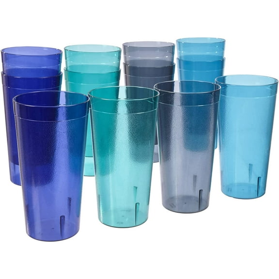 EnjinZZ Café Plastic Reusable Tumblers (Set of 12) 32-ounce Iced-Tea Cups, Coastal | Value Set of Restaurant Style Drinking Glasses, Stackable, BPA-free, Made in the USA | Top-rack Dishwasher Safe