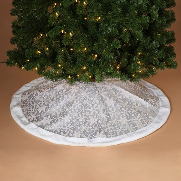 Glitter Print on Sheer Organza Christmas Tree Skirt with Faux Fur Border 48 Inch