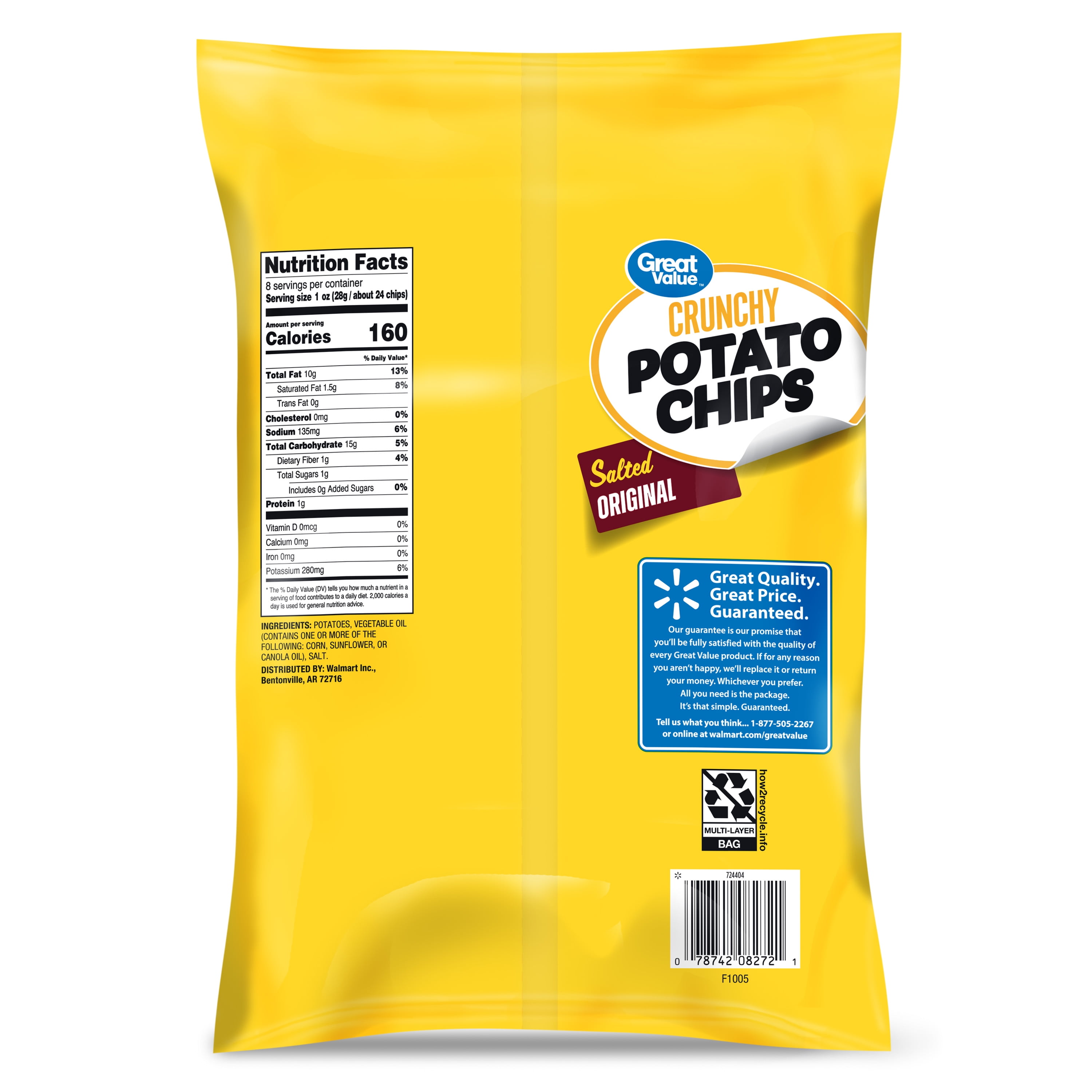 Great Value Salted Original Crunchy Potato Chips, 8 oz