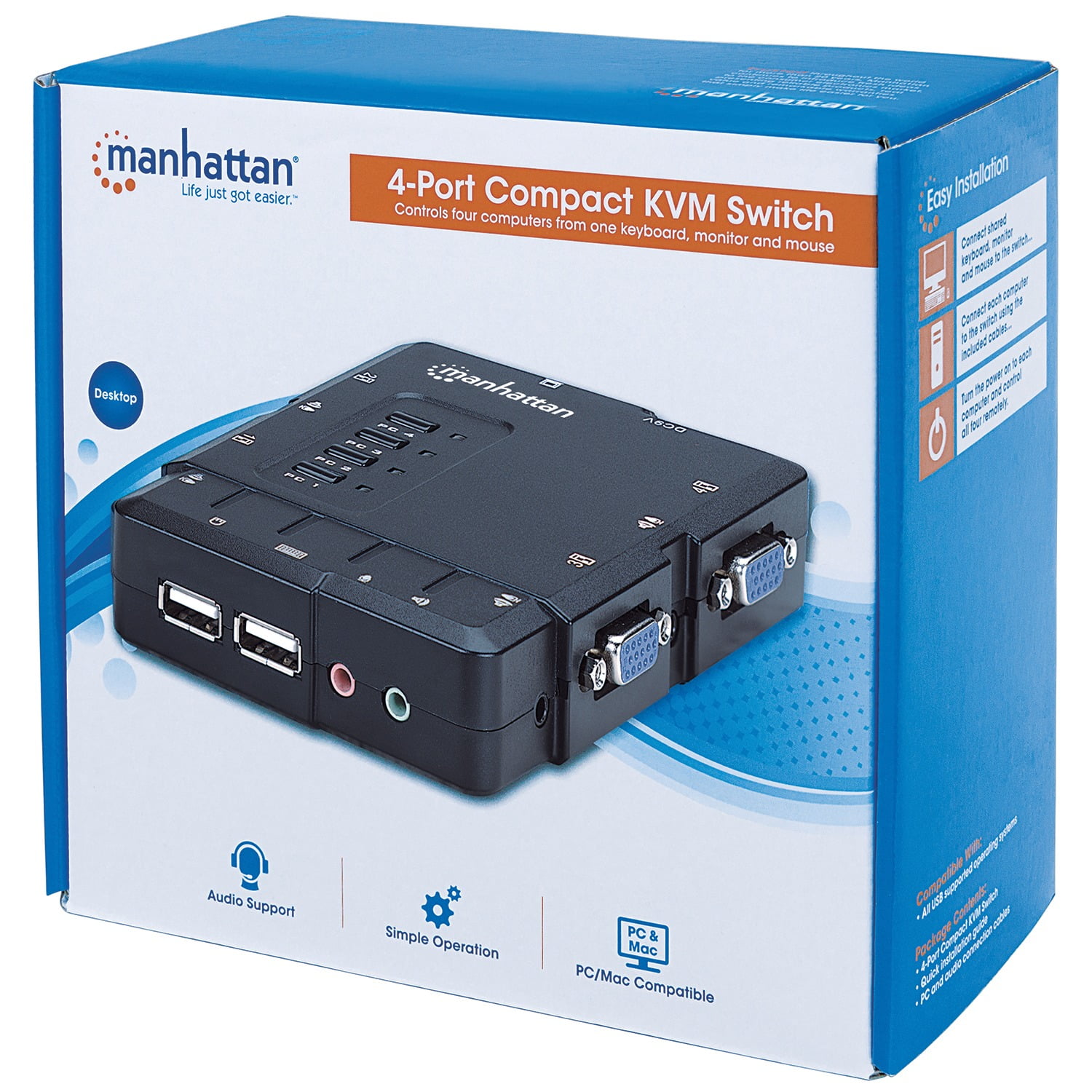 Mic Manhattan USB 4Port Compact KVM Switch w/ Cables 151269 