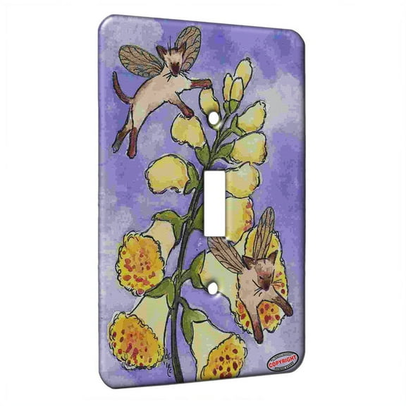 KuzmarK™ Single Gang Toggle Switch Wall Plate - Tiny Siamese Kitty Fairies with Foxglove Fantasy Fairy Cat Art by Denise Every