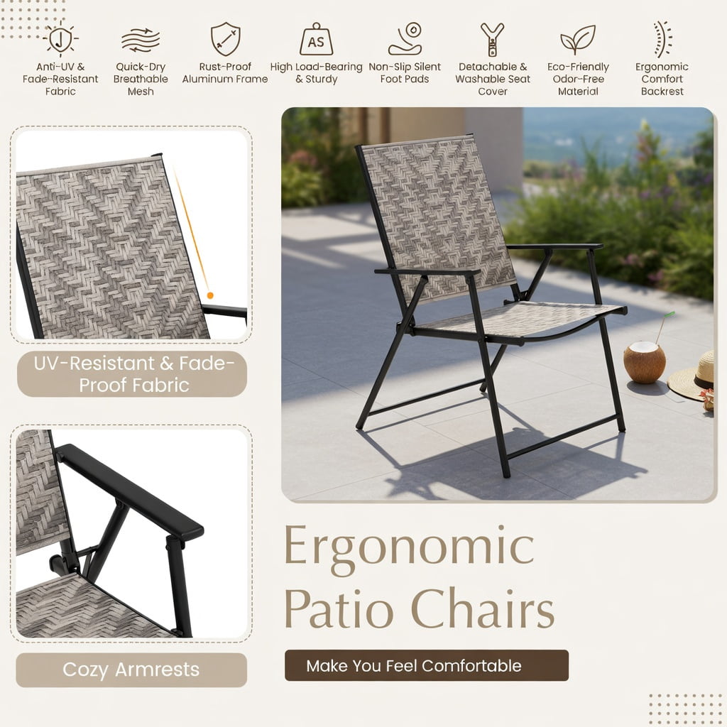 Hommoo 4-Pack Folding Patio Chairs with Armrests, Heavy-Duty PE Rattan & Steel Frame, Rust-Resistant Outdoor Lawn Chairs for Backyard, Garden, Poolside, Gray