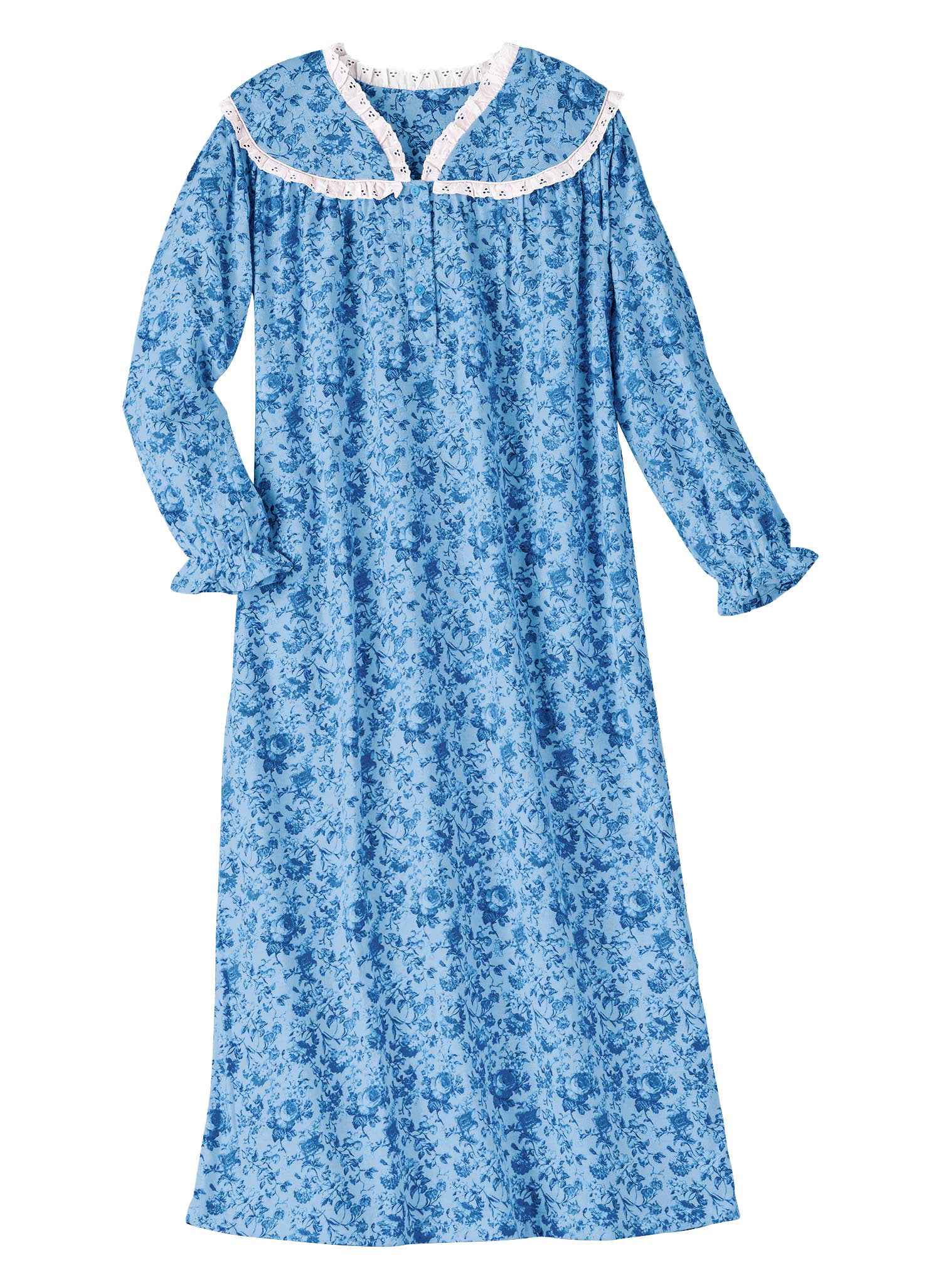 AmeriMark Womens Flannel Long Nightgown w/Eyelet Lace Trim Neckline & Buttons 