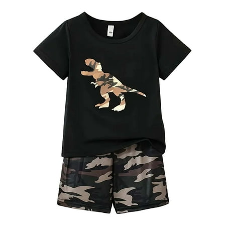 FAOWME Child Toddler Baby Kids Boys Dinosaur Print O-Neck Short Sleeve Tops Shorts Pants Outfit Sets Clothes Sets Relaxed Fit Dailywear
