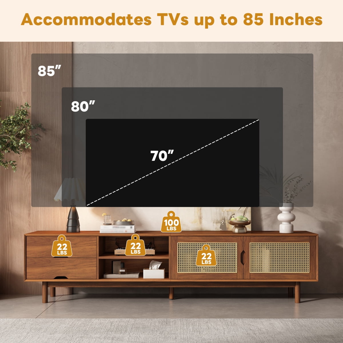 Walnut 78 Inch TV Stand for TVs up to 85 Inch Rattan Front Panels 2 Drawers Solid Wood Legs Media Console