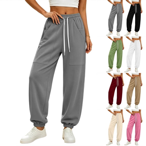 Women's Solid Jogger Pants Elastic Waist Adjustable Drawstring Loose Athletic Long Trousers with Pockets, Soft Casual Sport Bottoms for Workout, Daily Walking and Loungewear White