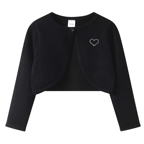 Toddler Girls Long Sleeve Knit Bolero Cardigan Rhinestone Heart Decor Cropped Shrug Black 10-11 Years