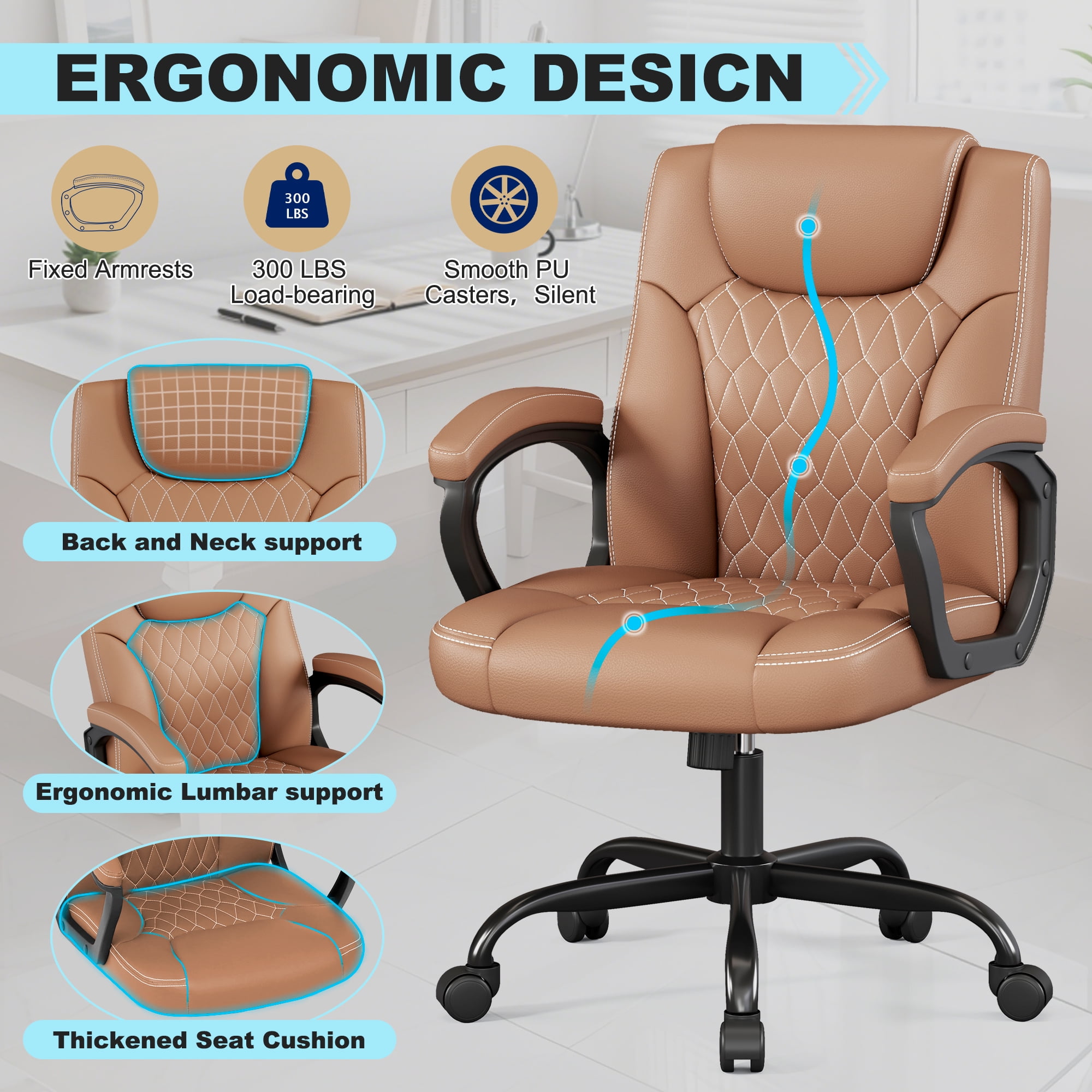 Misolant Office Chair, Executive Desk Chair, PU Leather Comfortable Executive Chairs with Fixed Armrest, Adjustable Height, Rocking Function, 360° Swivel Wheels