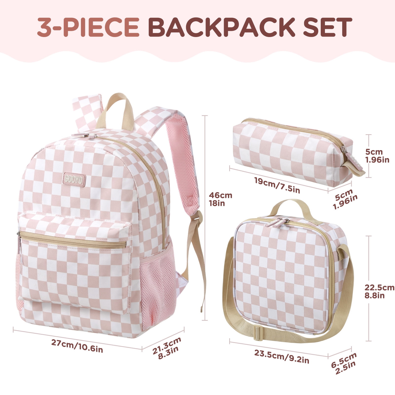 Gocvo Kids Backpack for Girls, Waterproof Teens Bookbag Cute School Backpacks, Checkered Pattern