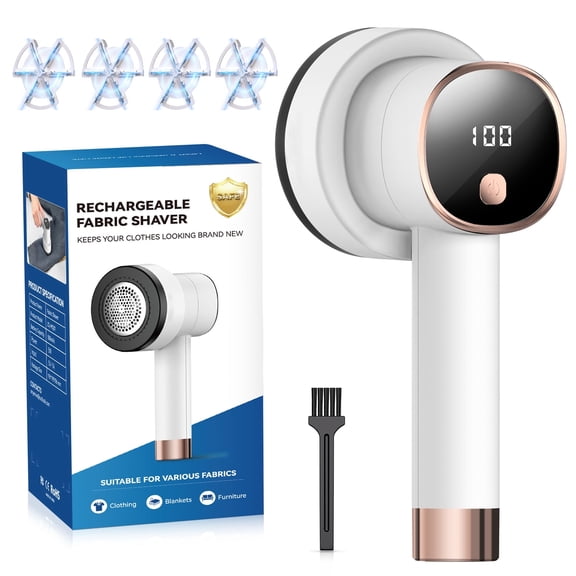 AlphaGeek Fabric Shaver Lint Shaver for Clothes Rechargeable Sweater Defuzzer with 6 Leaf Blades and Digital LED Display Remove Pills for Furniture White