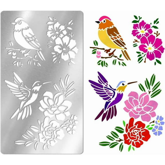 Metal Stencils for Craft Wood Burning Flower and Birds Stencils Stainless Steel Reusable Template Hummingbird Floral Stencil for Journaling Drawing Airbrush Carving Engraving Scrapbooking