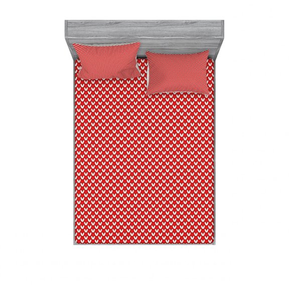 Ethnic Bedding Set with Sheet & Covers, Graphic Petal Shapes Inspired by Tulip Flowers Folk Natural Illustration, Printed Bedroom Decor 2 Shams, 4 Sizes, Ruby Vermilion White, by Ambesonne