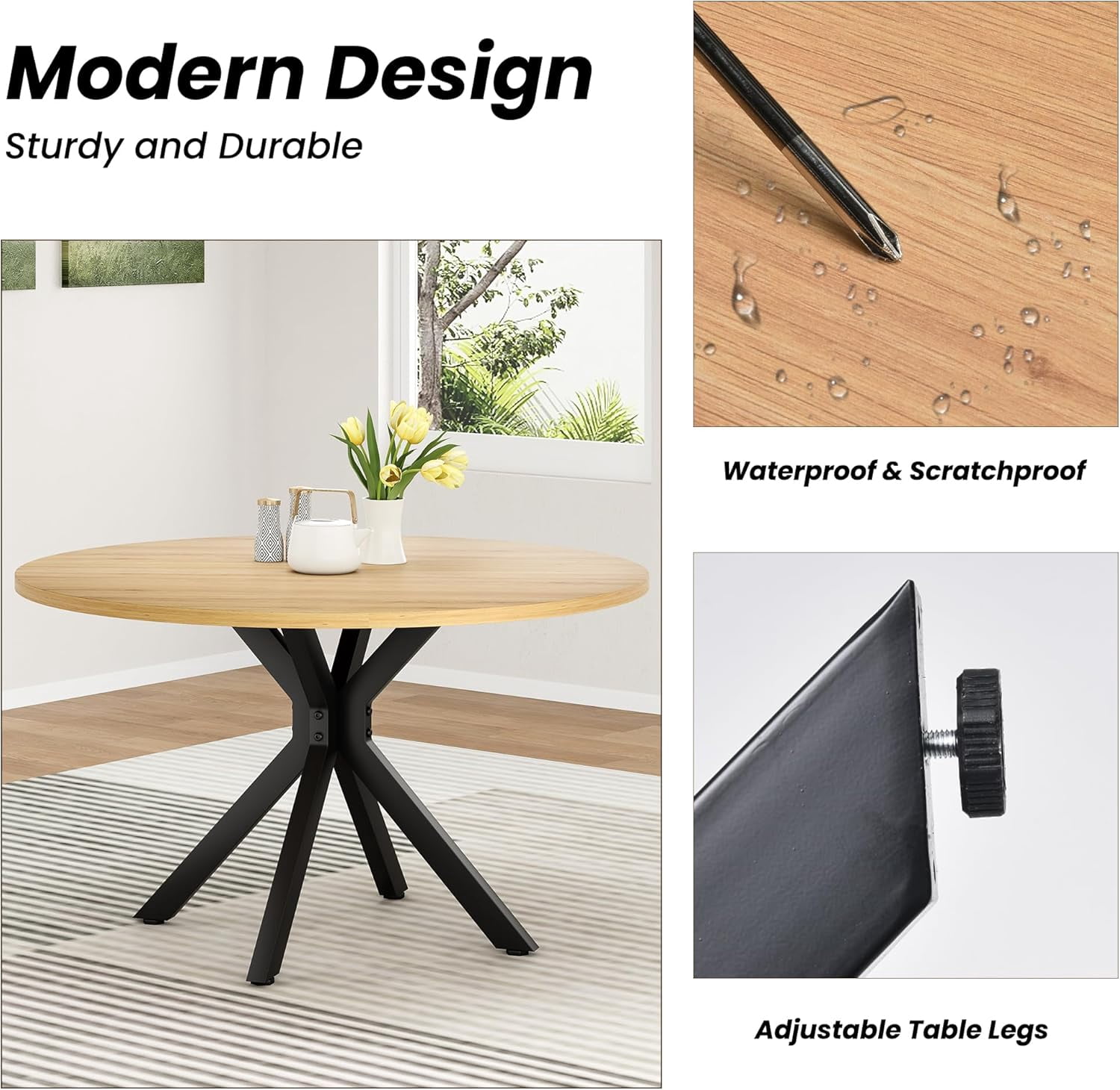 Farini 47" Round Dining Table, Mid-Century Modern Wood Table with Metal Base, Seats 4-6, for Kitchen or Dining Room, Nature