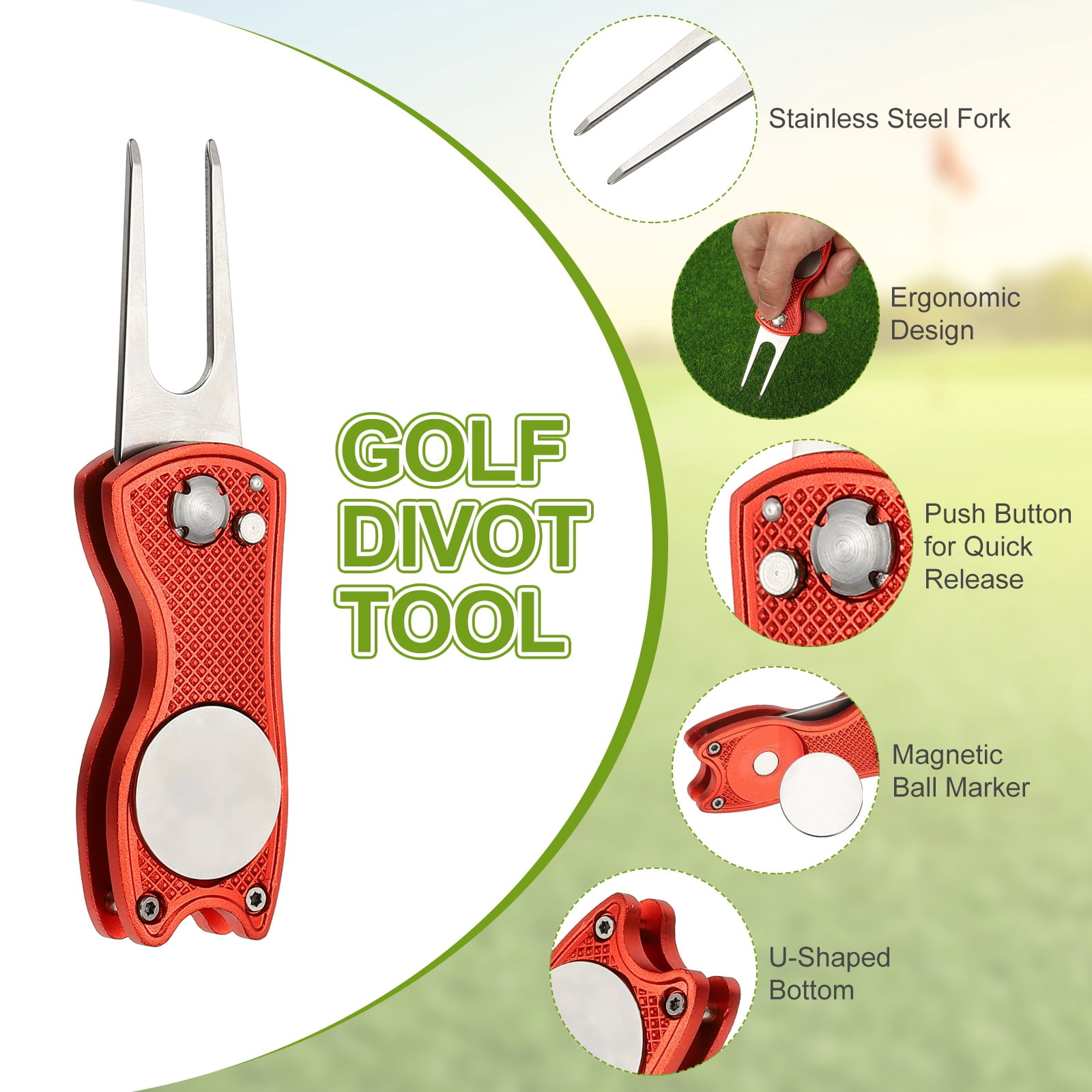 Uxcell Golf Divot Repair Tool, Foldable Metal Golf Green Divot Tool with Magnetic Ball Marker & Stainless Steel Fork Blue/Red/Black