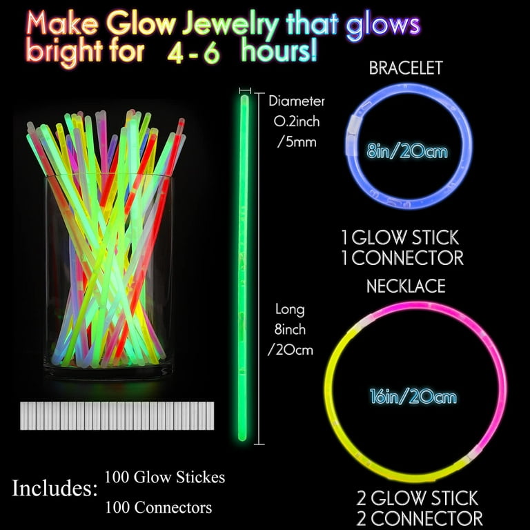 100Pcs Glow Sticks,8 Glowsticks,Glow In The Dark Sticks,Light Up Sticks  Party Favors,Glow Sticks Bulk Party Pack with Connectors for Kids  Adults,Neon Glow Stick for Necklaces Bracelets Party Supplies 