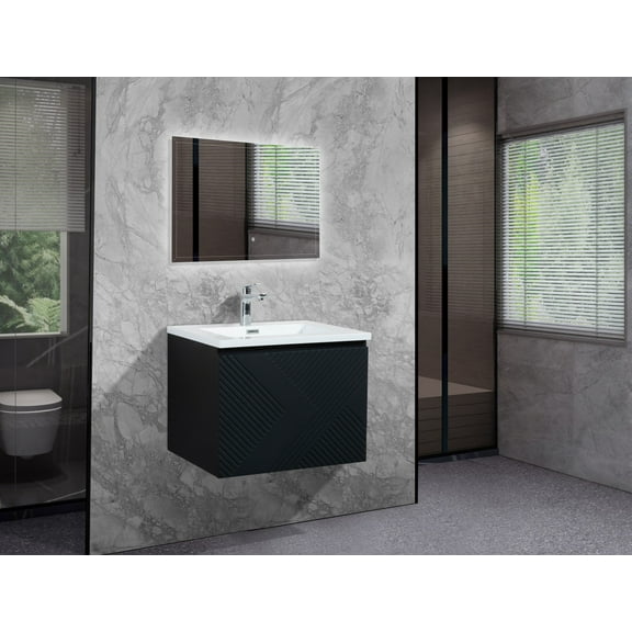 Moore 24 Inch Matte Black Wall Mount Vanity With A Integrated White Sink