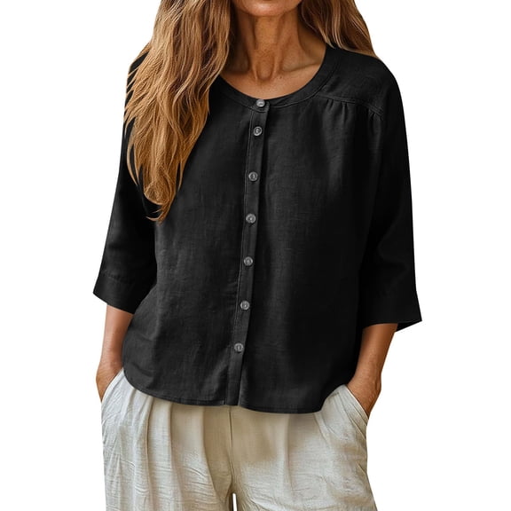 MSJUHEG Womens Linen Tops Cropped Button Down Shirts for Women Peasant Tops for Women Cotton Gauze Shirt Gauze Shirts for Women Boho Linen Tops Casual T Shirts Black L