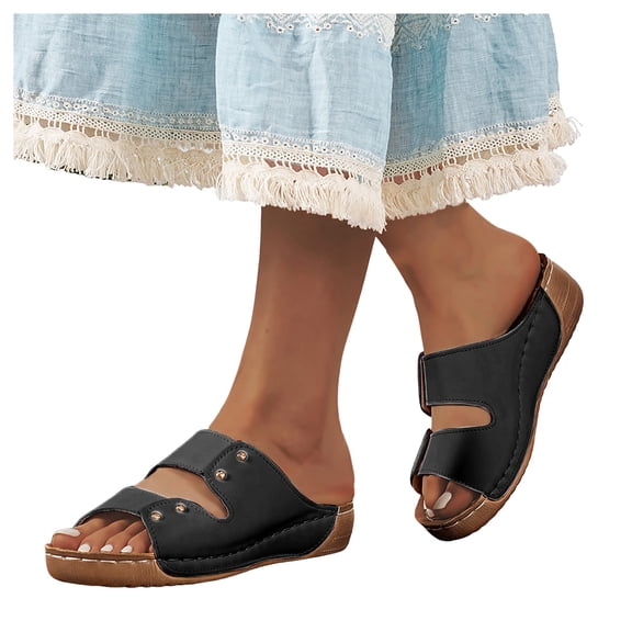 Rokment Studded Orthotic Platform Wedges Slip on Walking Sandals for Women Summer Beach Fashion Casual Leather Chunky Mid Heel Slides Dress Slippers Black Size 6