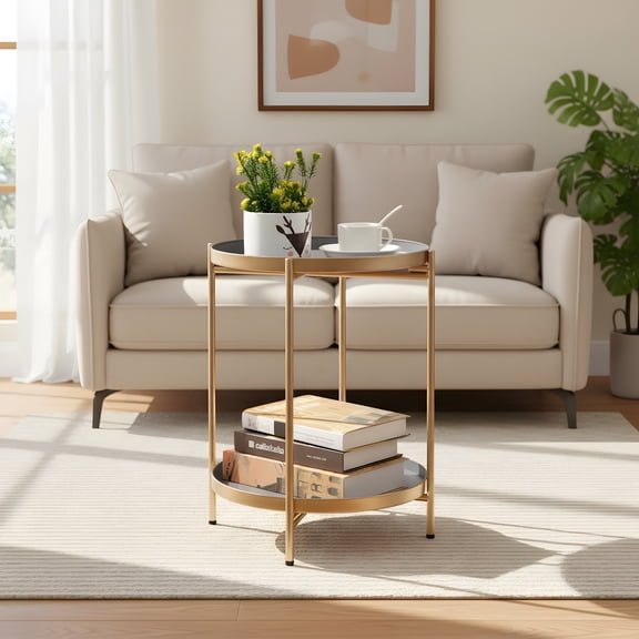 Round Side Table with Removable Tray - Modern Gold Accent Table
