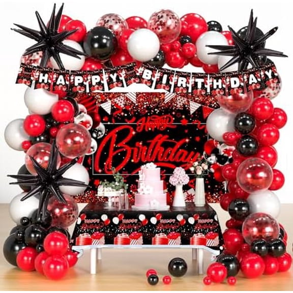 Red Black and White Balloon Garland Arch Kit, 120pcs Birthday Decorations for Men Women Boys Girls with Happy Birthday Backdrop Banner Tablecloth Red Confetti Star Ballons
