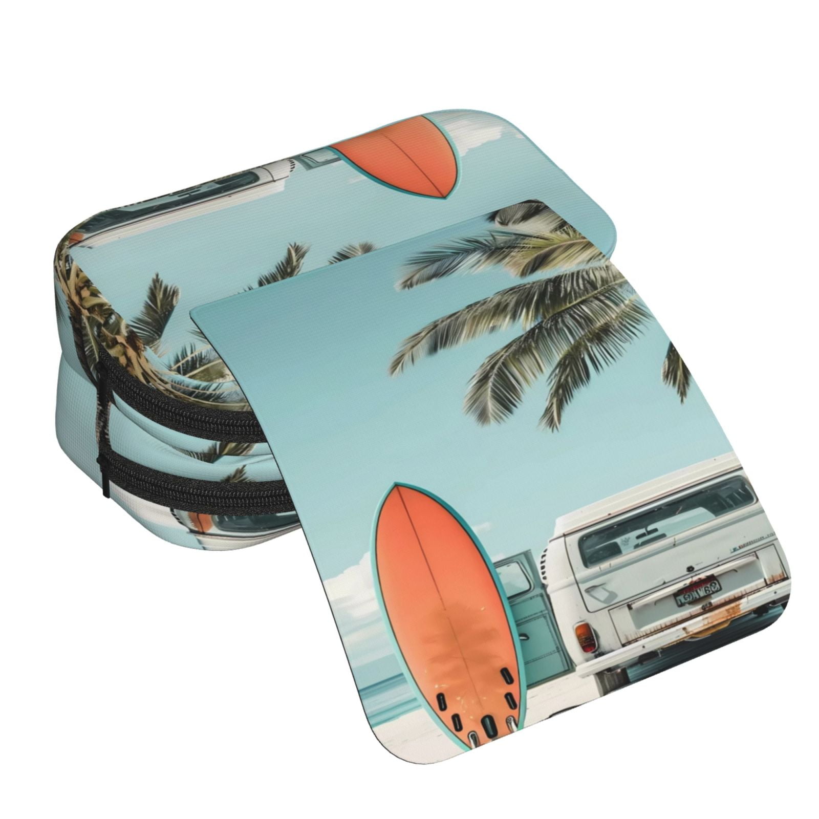 Rateoe Vintage Surf Van Beach Pattern Double Clamshell Pen Case, Storage Organizer with Two Zipper Compartments– Holds Up to 50 Pencils & Pens