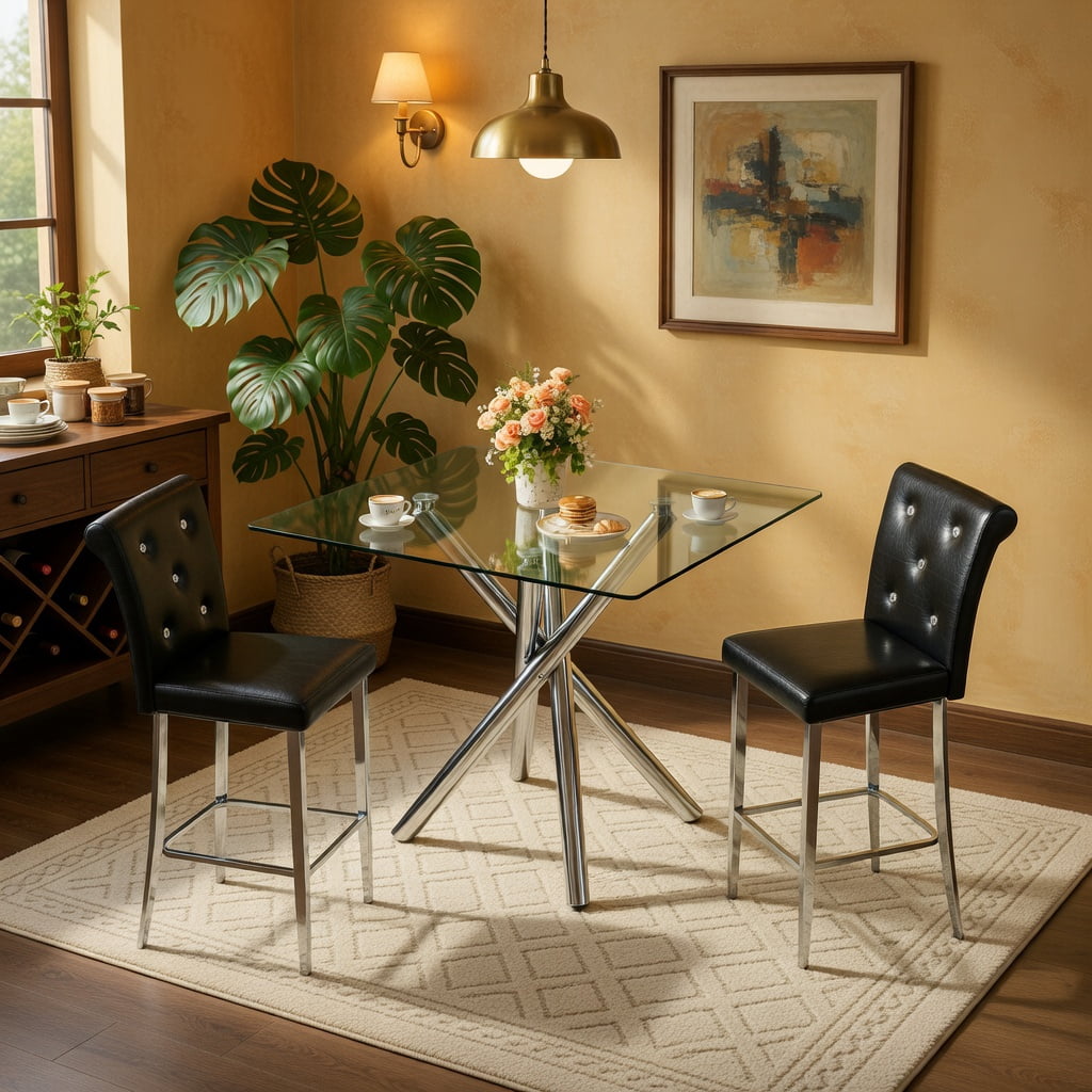 Hommoo Modern 3-Piece Glass Bar Table Set with Chrome X-Base & PU Leather Counter Height Stools, Contemporary Kitchen Island or Home Bar Solution for Small Spaces, Black & Sliver