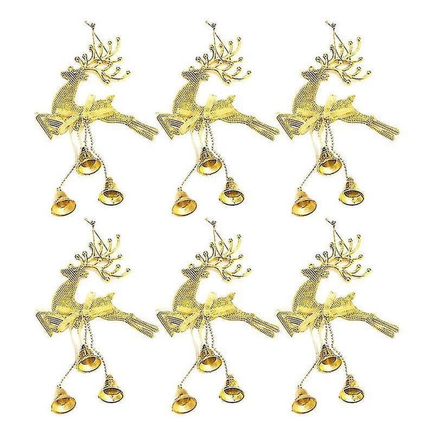 Adornos colgantes de Navidad galvanizados dorados, adornos de diseño de campana de Reno y ciervo hueco, 6 uds.