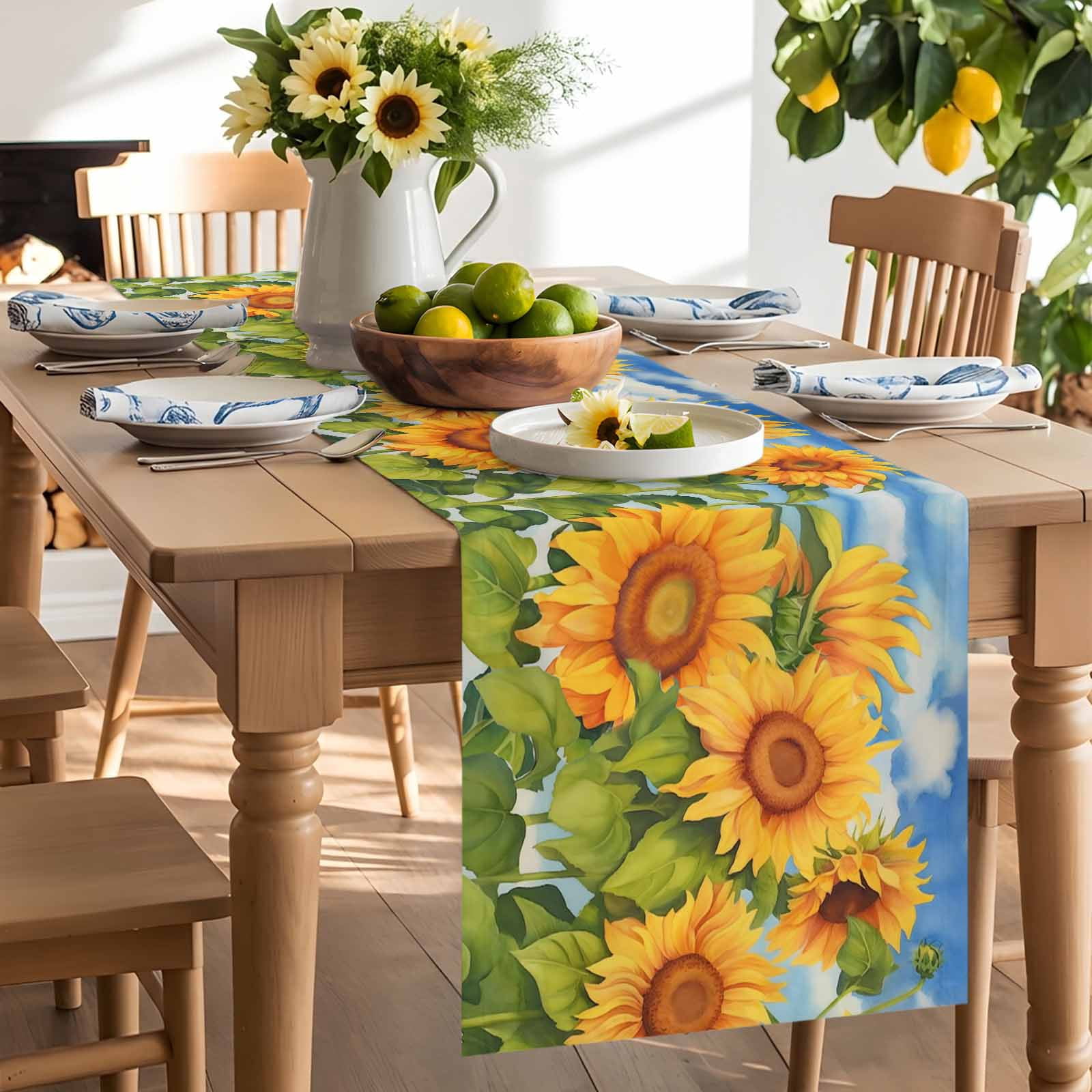 Farm Spring Garden Sunflower Table Runner 90 Inches Long, Floral Green Leaves Blue Sky Table Runners Tabletop Scarf Kitchen Dining Tables Decoration for Home Party Indoor Outdoor