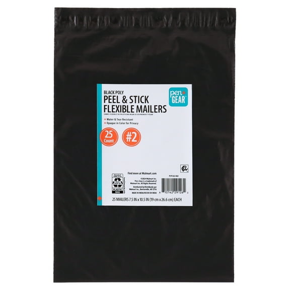 Pen+Gear Self-Seal Poly Flexible Mailer, #2 (7.5" x 10".), Black, 25-Count
