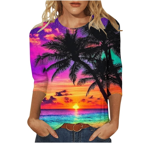 CYMMPU 3/4 Sleeve Blouses for Women Dressy Casual Tunic Tops Fall Fashion Shirts Flower Printed Round Neck Spring Tops Loose Fit Pleated Dressy T-Shirts Purple M