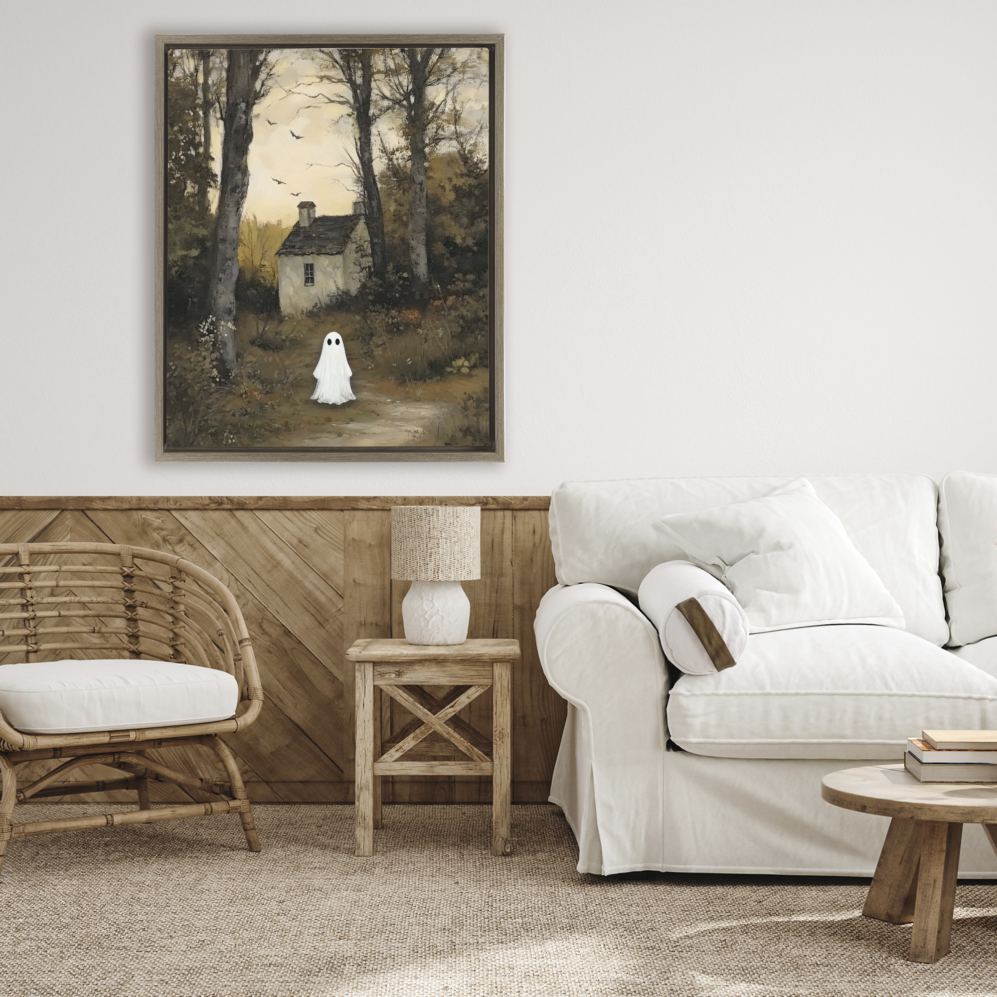 Little Ghost in Cottage Forest Brown Framed Floater Canvas Wall Art, design by Arlington Prints