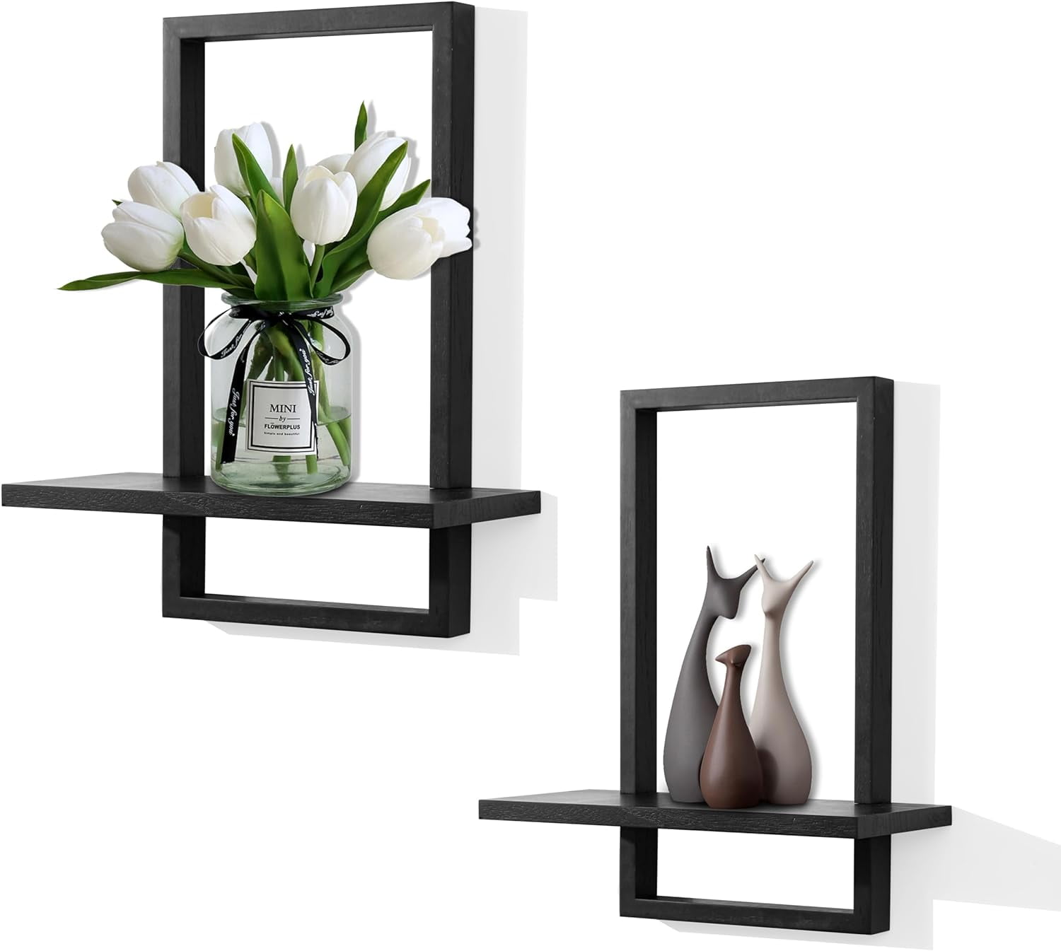 Square Floating Shelves,Framed Wall Shelf Decorative Set of 4,Modern Plants Hanging Display Art Decor Storage for Livingroom Bedroom Bathroom Farmhouse,Home Light Wood,Rustic White