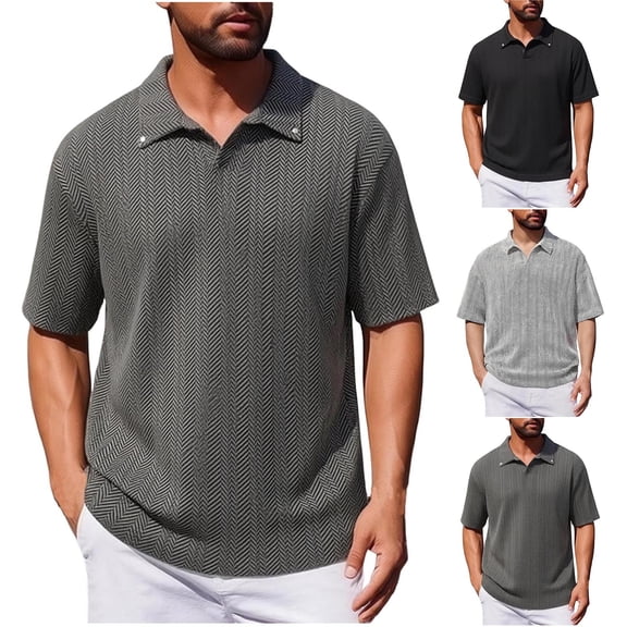 Men's Striped Knited Jacquard Polo Shirt Short Sleeve Relaxed Fit Collared Casual Stylish Summer Top for Everyday Wear Big and Tall Size M-5XL White