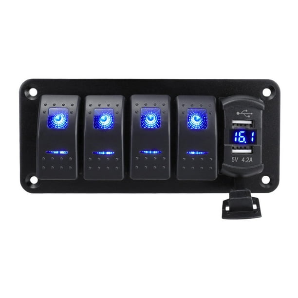 Panel de interruptores basculantes de 4,2 A con cargador USB doble, voltímetro de aluminio de alta resistencia para vehículos 5 pandillas