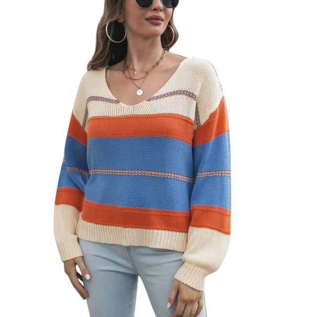 Top de punto con bloques de Color a rayas, jersey de punto de manga larga para mujer, suéter de punto de manga larga para mujer, suéter para mujer, resultados impresionantes