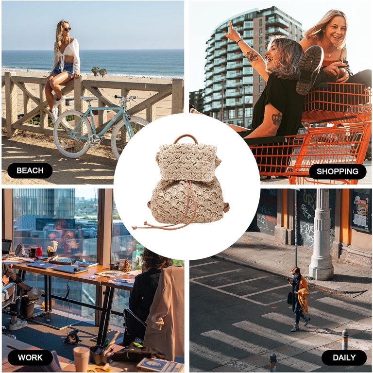 8154 Small Straw Backpack Boho Drawstring Backpack Purse Handmade Woven Summer Handmade Woven Crochet Straw Backpack Flap Drawstring  main image 4