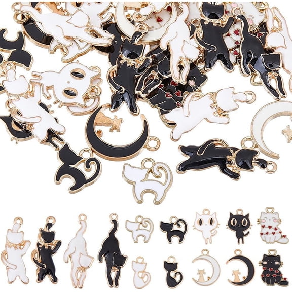 1 Box 56Pcs 7 Styles Black Cat Charms Cats Charm Metal Enamel Cute White Heart Moon Animal Kitten Pets Charm