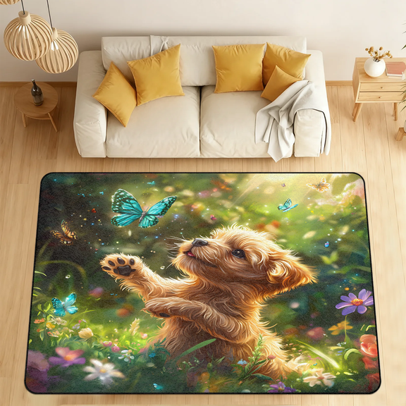 CURLYOOT Cute Dog Animal in Forest Area Rugs for Living Room Bedroom, 4' 10" x 6' 8" Washable Rug, Floor Carpet with Non Slip Backing for Dining Room Indoor