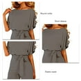 thumbnail image 4 of Mono de manga corta de verano, mono con pernera ancha de cintura alta y cuello redondo de Color puro con cinturón para mujer LC64520 gris L, 4 of 5