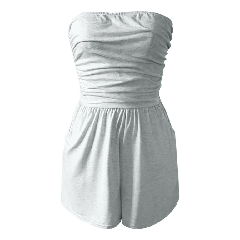 Pavied Jumpsuits for Women,Rompers for Women,Womens Strapless Tube Ruffle Ruched Summer Sexy A Line Mini Dress Trendy Short Romper Jumpsuits,Overalls