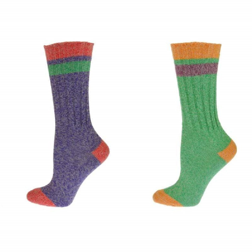 Ladies Thermal Crew Socks Snowflake Stripe 2 Pair Cushioned Boot Green 